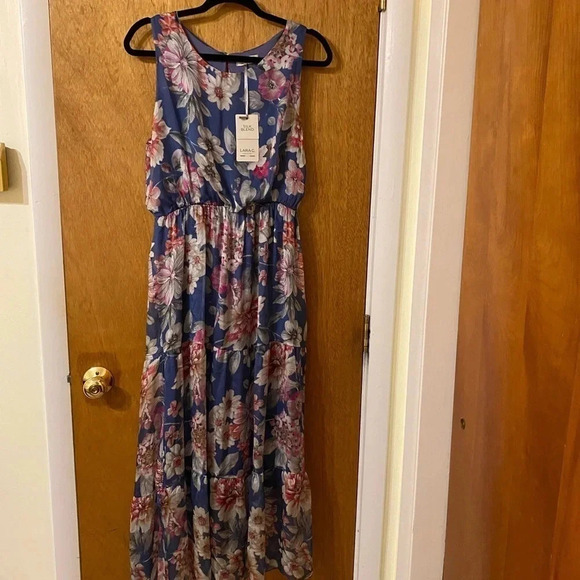 Laraq Silk Blend Denim Floral Maxi Dress Women’s Size Large - Picture 1 of 10
